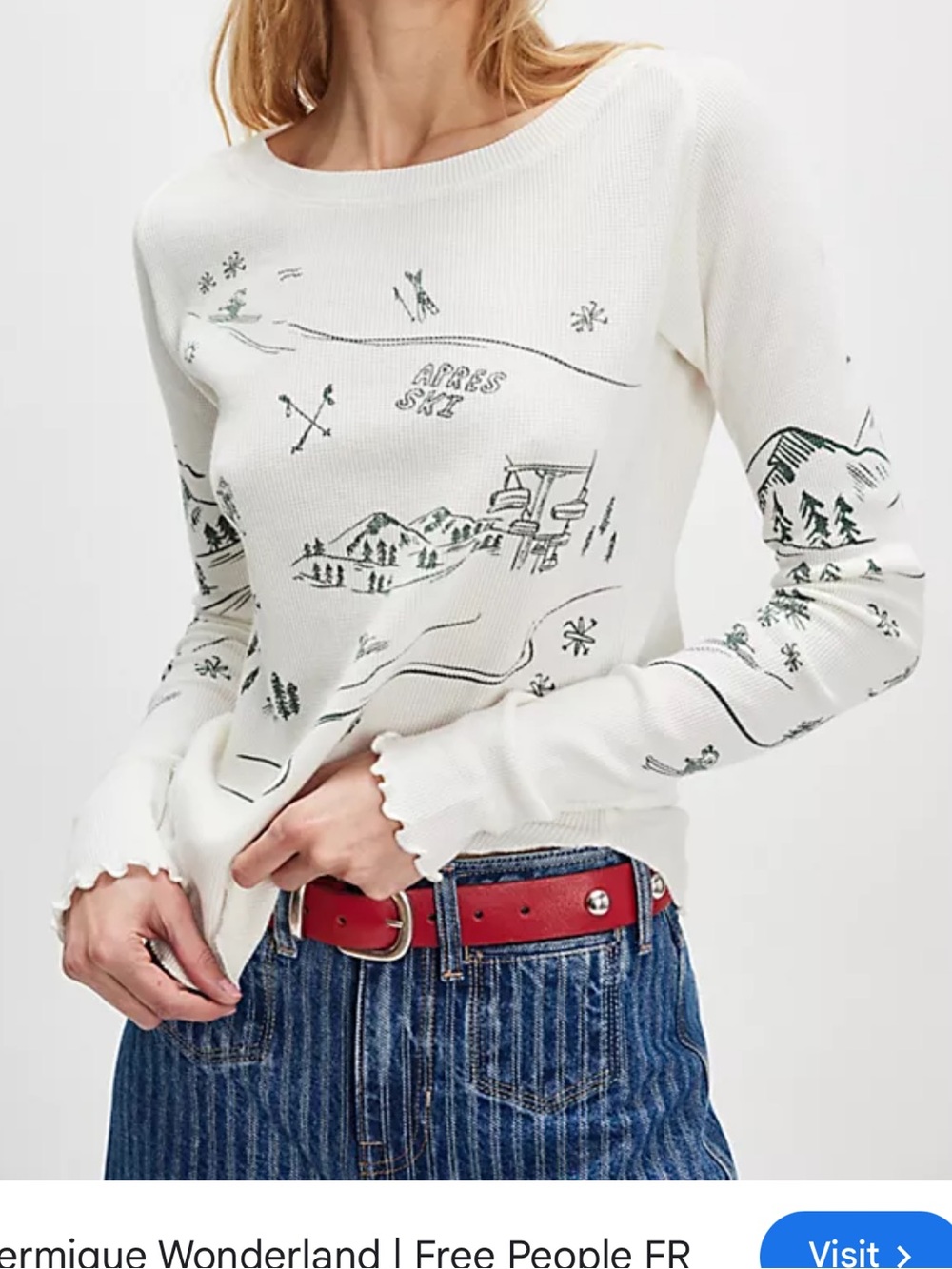 Free People X Ragabond Wonderland thermal long-sleeve top cream with ski-theme